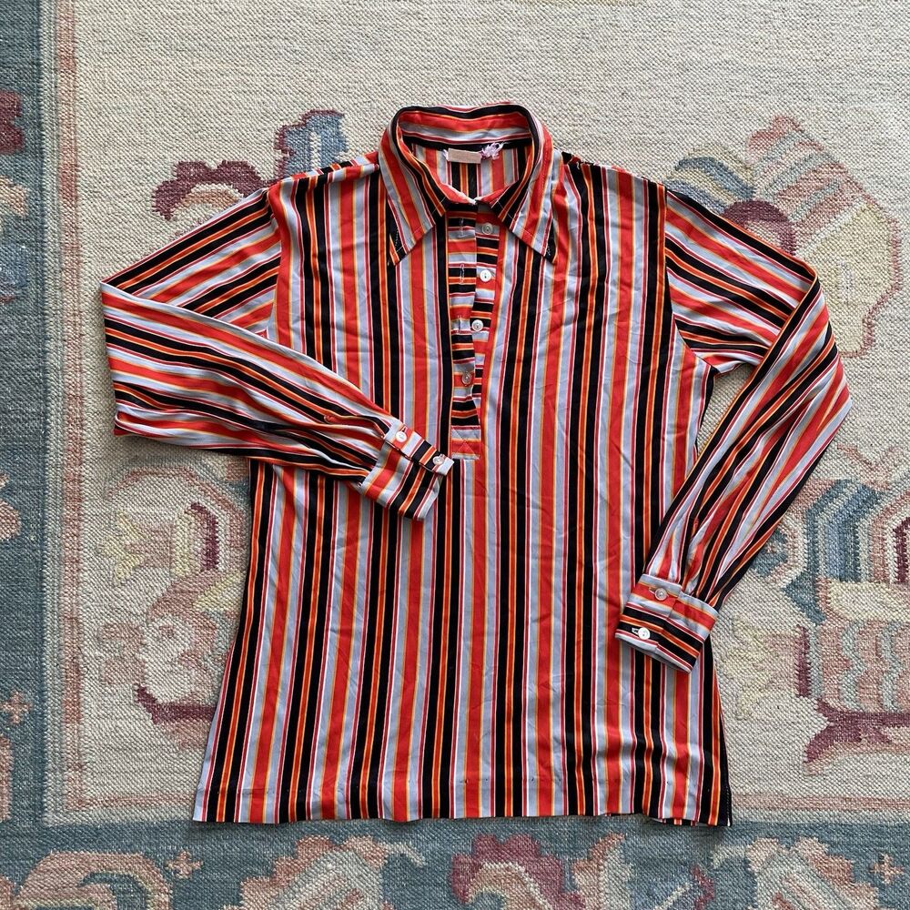 Vintage 70s Aladdin Top Large Vertical Stripe Arnel Triacetate Long Sleeve